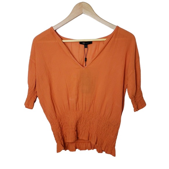 Frye Womens Top Size XS Split Neck Smocked Waist Short Sleeves in Orange Rust - Picture 1 of 12